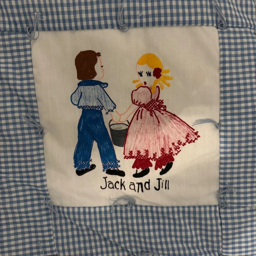 Vintage Nursery Rhyme Crib Quilt Hand Painted Gingham Blue White 12 Panel